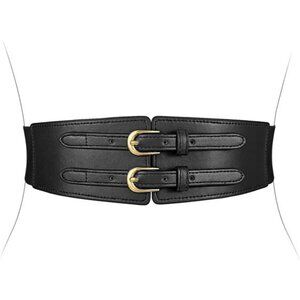✨ Wide Elastic Leather Waist Belt | Double Gold Buckle, Chic Dress Accessory